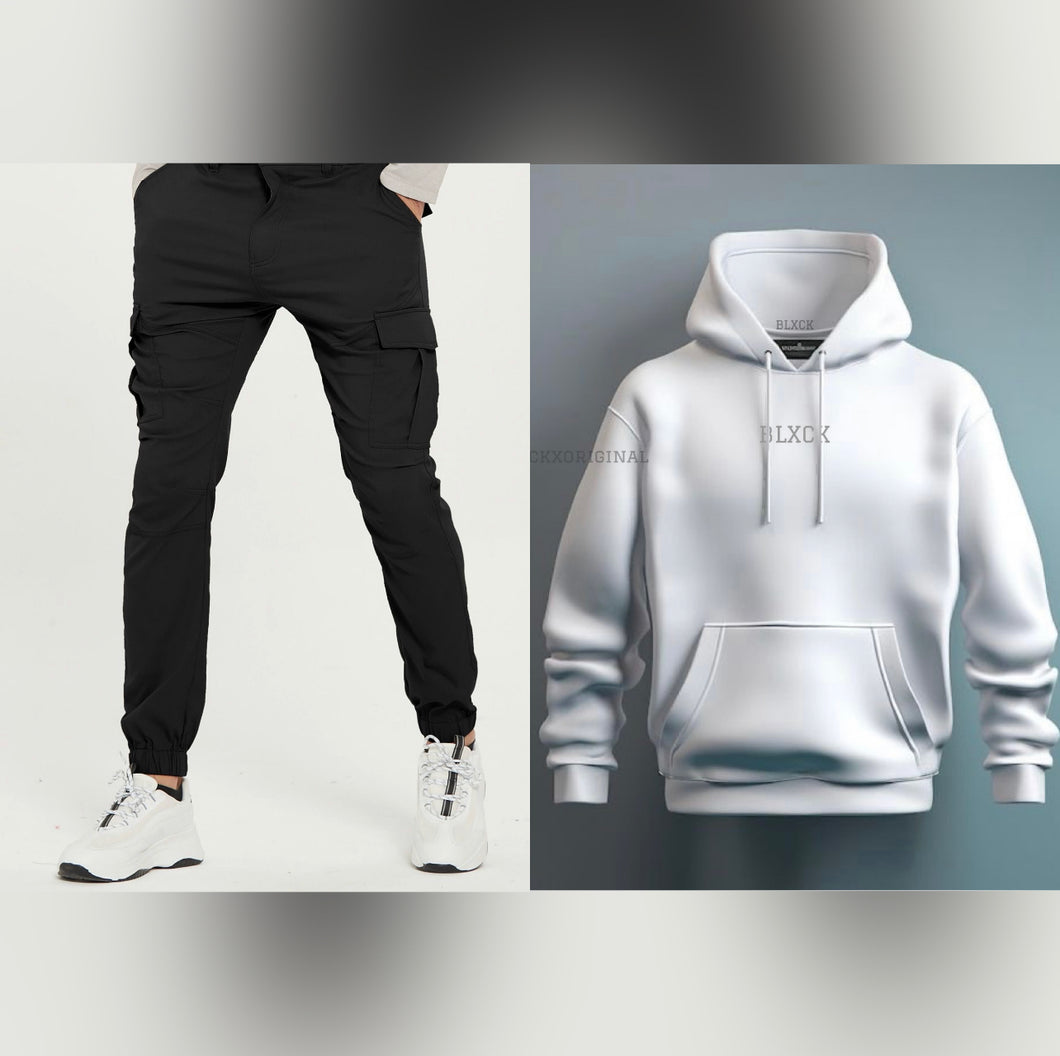 Sig White hoodie + Black Cargo Trouser